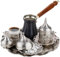 DEMMEX Ensemble complet de 12 pièces pour fabrication de café turc, grec, arabe avec tasses, soucoupes, couvercles, sucrier et cafetière en cuivre, décoré à la main avec des cristaux dorés, argenté