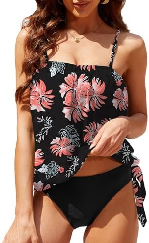 Yutdeng Costume da Bagno Donna Tankini 2 Pezzi Push Up Swimwear Tankini a Fascia Costume Mare Spalline Staccabile Bikini con Controllo della Pancia Stampa Floreale Swimsuit,Rosa Floreale,S