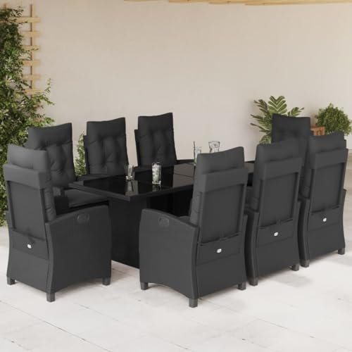 SECOLI Polyrattan Sitzgruppe Garten Essgruppe 8 Personen Rattan Gartenmöbel Set mit 8 Rattansessel Hochlehner Verstellbar Essgruppe Outdoor Gartengarnitur Sitzgarnitur Schwarz 9-tlg-Type-123