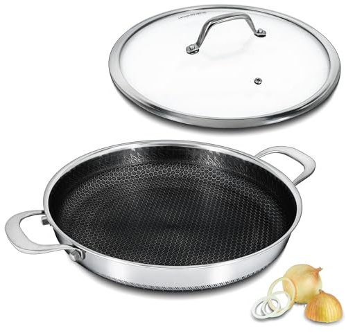 Bakoniion Hybrid Nonstick Skillet with Lid 12 Inch, Stainless Steel Pan with Two Handles Multi-Functional Pan Dishwasher and Oven Safe