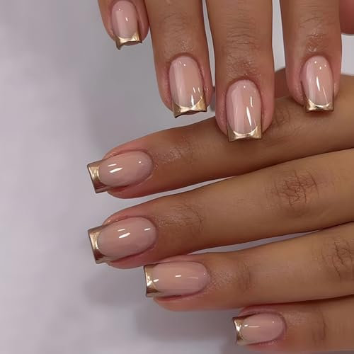 24 Pièces Faux Ongles Court Carrés, Nude Français Press on Nails Ballerine Bâton sur Ongles Acrylique Couverture Complète Capsules Ongles Bordure Dorée Faux Ongles à Coller pour Femmes et Filles
