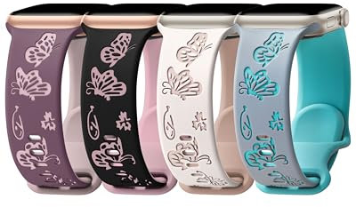 Fullmosa 4 Pack Two-Tone Butterflies Floral Engraved Straps Compatible with Apple Watch Straps 42mm 41mm 40mm 38mm for Women, Soft Silicone Sport Band for iWatch Straps SE Series 10 9 8 7 6 5 4 3 2 1