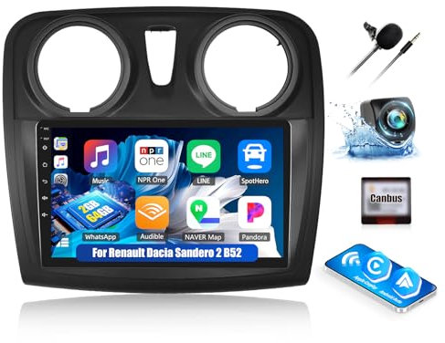 OiLiehu 2G+64G Android 13 2 DIN Carplay Android Auto para Renault Dacia Sandero 2 B52 2012-2019 Pantalla Radio Coche 9 Pulgadas con EQ Bluetooth SWC FM RDS WiFi GPS Camara Marcha Atras