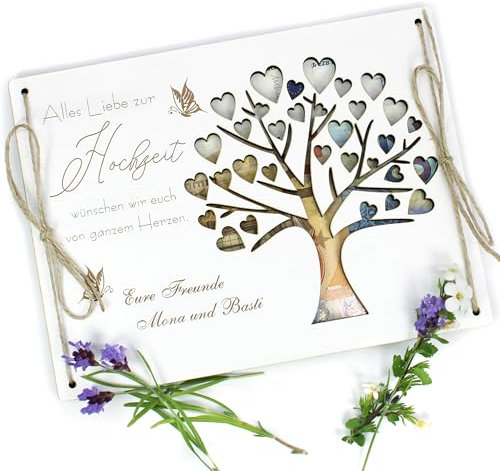 DEKOLANDO Personalisiertes Geldgeschenk zur Hochzeit - Holzkarte Herz Baum inkl. Name Wunschtext - Hochzeitsgeschenk Geld Karte zur Hochzeit 20x15 cm (Herzbaum)