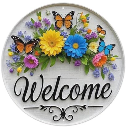Welcome, cartello rotondo in metallo vintage, per casa, bar, giardino, decorazione da parete, poster in metallo, 20 x 20 cm