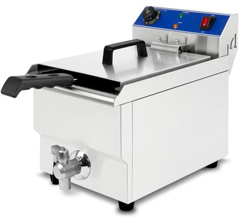 VERTES Friggitrice in acciaio inox 10L, 3000W, 230V, principio della zona fredda, temperatura regolabile in continuo 50-250°C, rubinetto di scarico, cestello per frittura, pulsante di reset, a olio