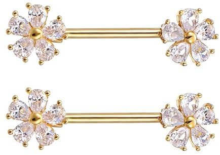 Josojoou 14g Brustwarzenpiercing Set Mit Zirkonia-Blumen 316l Chirurgenstahl Funkelnde Brustpiercing Nippel Brustwarze Piercing Ring Schmuck Für Damen Und Herren