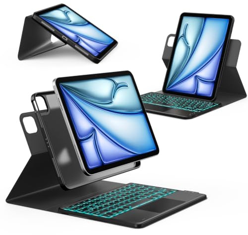 CHESONA Tastatur Hülle für iPad 11 (A16)/10. Gen, Air 11 M4/M3/M2, Air 5/4 | Abnehmbare Bluetooth-Tastatur mit 7-Farben-Beleuchtung und Multi-Touchpad, Hoch-/Niedrigwinkel-Modus, QWERTZ, Schwarz