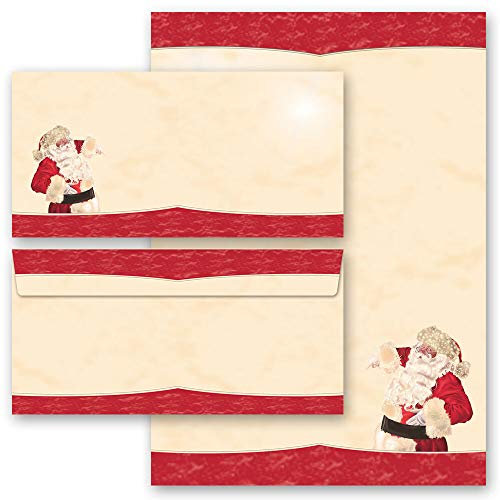 Briefpapier Set, 20 tlg. Weihnachten, WEIHNACHTSMANN 10 Blatt Briefpapier + 10 passende Briefumschläge DIN LANG ohne Fenster | Paper-Media