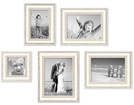 5er-Set Bilderrahmen Shabby-Chic Landhaus-Stil Weiss 10x10, 10x15, 13x18 und 15x20 cm inkl. Zubehör/Fotorahmen