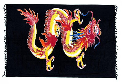 Kascha Sarong Pareo Wickelrock Strandtuch Tuch Wickeltuch Handtuch - Blickdicht - ca. 170cm x 110cm - Schwarz Gelb Bunt mit Drachen Motiv Handgefertigt inkl. Kokos Schnalle in Rauteform