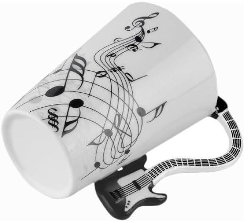 Kompassswc Lusitige Keramiktasse mit Motiv Henkel Gitarre Kaffeetasse Porzellan Tee Kaffeebecher Musiknoten Bedruckt Geschenk Tasse Ø7,5 H10cm 0,3L (Schwarz)
