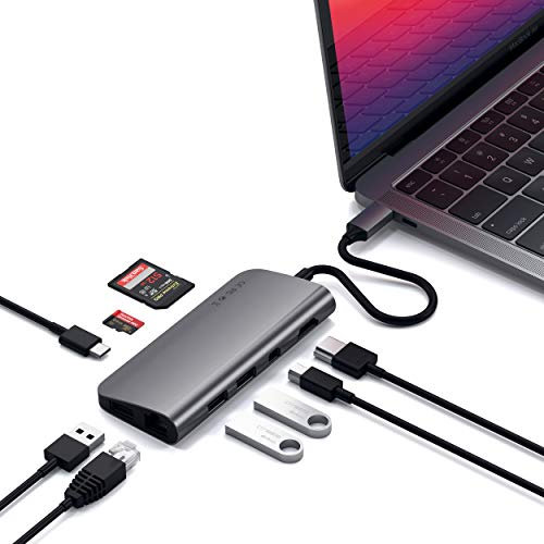 SATECHI USB-C Multimedia Adapter, 4K HDMI, Mini DP, USB-C, Gigabit Ethernet, USB 3.0, Micro/SD-Kartensteckplätze, für MacBook Pro, Air M2, M1 (Space Grau)