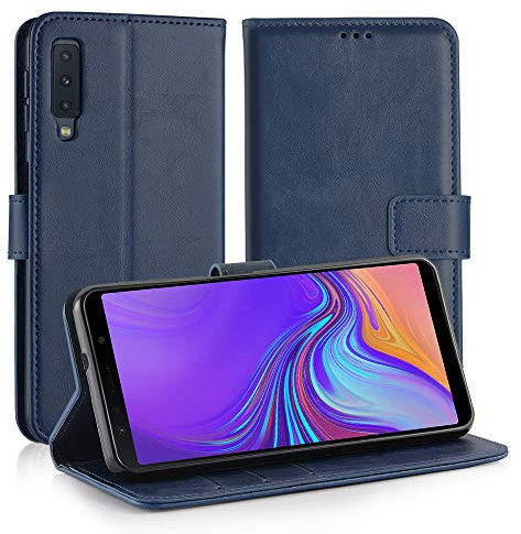 Simpeak Hülle Kompatibel mit Samsung Galaxy A7 2018 [6,0 Zoll], Handyhülle Kompatibel für Samsung A7 2018 Leder Flipcase [Kartensteckplätze] [Stand Feature] [Magnetic Closure Snap] - Blau