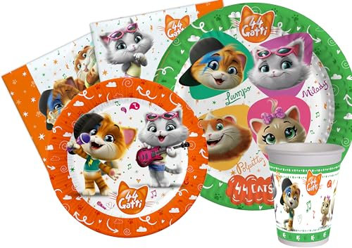 Kit Party Tavola 44 Gatti per 8 persone (44 pezzi: 8 piatti Ø23cm, 8 piatti Ø20cm, 8 bicchieri 200ml, 20 tovaglioli 33x33cm)