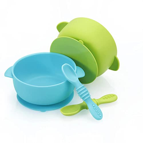PandaEar 2 Stück Silikon Schüssel Saugnapf Mit 2 Babylöffel| Breischale Kinderschüssel Bowl Großer Saugnapf| Weichsicheres BPA-freies| Für Kleinkinder| Blau Grün