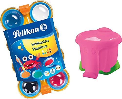 Pelikan 723122 - Mini-Friends Deckfarbkasten mit 8 Farben und 1 Pinsel (Farbkasten + Becher pink)