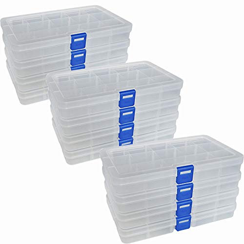 Qualsen Plastik Aufbewahrungsbox Einstellbar Fächer Sortimentskasten Schmuckschatulle Werkzeugcontainer (15 Raster X 12 Packungen, Transparent)