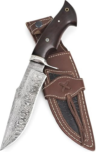BIGCAT ROAR Leopard Hunter - Grand Couteau de Chasse Acier Damas 30,5 cm - Manche Bois de Noyer et Étui Cuir Véritable - Bushcraft, Survie, Nature - Cadeau Homme, Chasseur ou Collectionneur Passionné