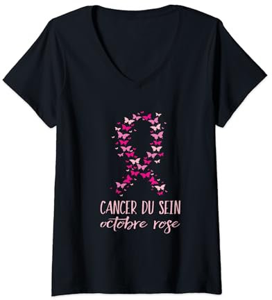 Ruban Rose de sensibilisation au Cancer du Sein d'Octobre T-Shirt avec Col en V