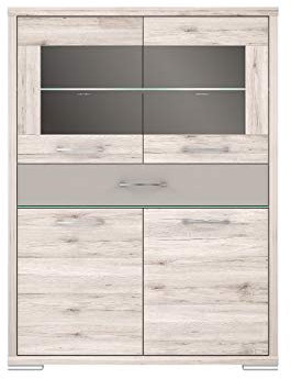 FORTE Stay Vitrine mit 2 Tür, 2 Glastür und 1 Schublade, Holzwerkstoff, Sandeiche kombiniert mit Cacao Supermat und Basalt, 117,5 x 157,7 x 42 cm