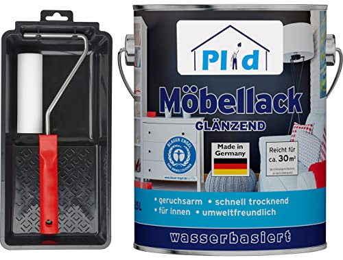 Plid® Möbellack Weiß Glänzend, 2,5 l Set - [DIN EN 71.3 - KINDERSPIELZEUG - GEEIGNET] - innen & aussen - Blauer Engel - Weisslack - Türenlack - Holzlack - Spielzeugfarbe - Made in Germany