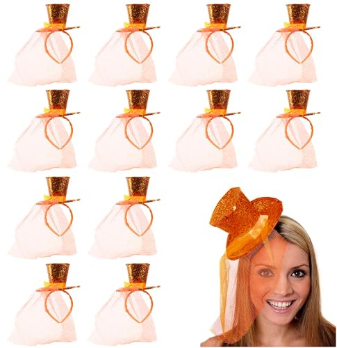 Damen Glitzer Zylinderhut - 1 Stück - Mini Orange Pailletten Zylinder mit passendem Fascinator Schleier - Damen Halloween Weihnachten Verkleidung Kostüm Zubehör