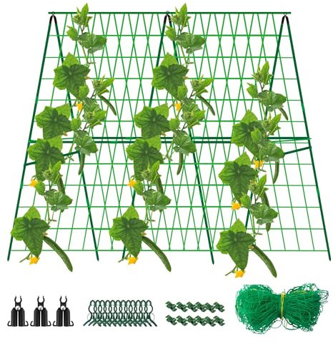 48 x 48 Zoll Faltbares Gurkenspalier für Hochbeet - A-Rahmen Garten Rankgitter für Kletterpflanze Outdoor mit Kletternetz und Pflanzenstützclip für Outdoor-Pflanzen Zucchini Gemüse Tomaten Blumen