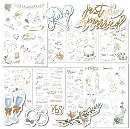 weddlyn® – Aufkleber für die Hochzeit – 180 Sticker für Hochzeit Gästebuch – inspirierende Motive – perfektes Stickerset für Fotoalbum Hochzeit - Pastell Farbe mit Glitzer Sticker (blau)