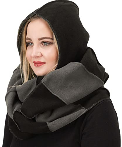 Kunst und Magie Damen Kapuzenschal Schal Loop aus Fleece, Farbe:Schwarz/Grau