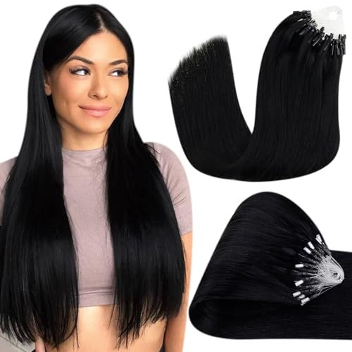 Hetto Microring Extensions Echthaar Schwarz Extensions Echthaar Microring Naturschwarz Invisible Micro Loop Remy Haarverlangerung 50 stück 50g 35 cm #1