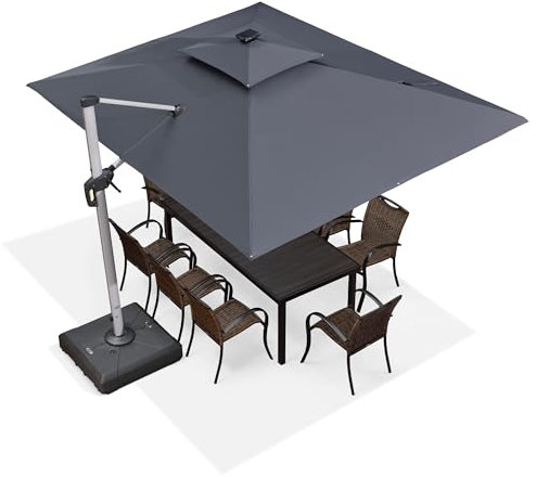 PURPLE LEAF Parasol Déporté Rectangulaire 2,7 x 3,65 m avec LED, Parasol De Jardin Extérieur Toit à Double Rotatif 360°, Parasol Excentré Inclinable, Parasol Terrasse Extérieur, Gris acier