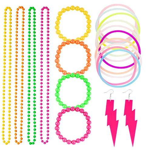 BETESSIN 80er Jahre Outfit Damen Set - inkl. Halsketten, Blitz Ohrringe, Perlenarmbänder und Silikon Armbänder - 80er Jahre Kostüm Accessoires für 80er-Themenparty, Kostümparty, Karneval, Halloween