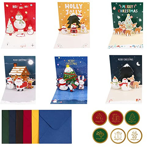 YUE QIN 6 Stück 3D Weihnachtskarten mit Umschlag Aufkleber 3D Weihnachtskarte Pop Up Karte Weihnachten Weihnachtsmann Weihnachtsbaum Elch Schneemann für Kinder Familie Freunde