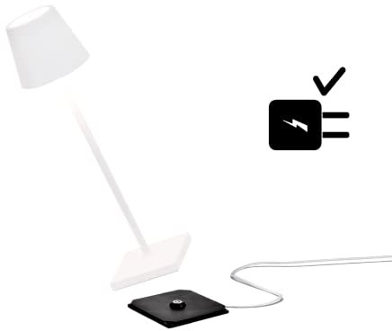 Zafferano Poldina Pro Micro Kabellose LED-Tischlampe Wiederaufladbar 2200-2700-3000K, IP65 Innen/Außeneinsatz, Lange Lebensdauer, Aluminium, H27.5cm mit Mehrfach-USB-Ladegerät (EU/UK/US) - Weiß