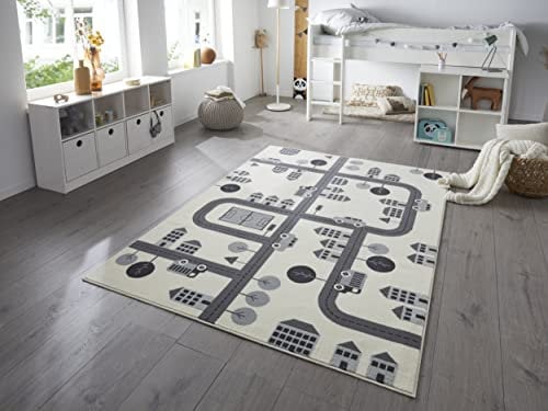 Hanse Home Teppich Kinderzimmer Kinderteppich Town – Junge Mädchen Spielteppich Kurzflor Teppich Modern Spielstraße Straßenmotiv, Weicher Flor, Pflegeleicht - Creme, 160x220