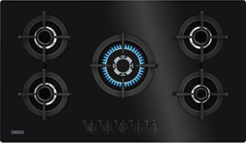 Zanussi - ZGO98522BA, Piano cottura a gas, 5 fuochi, 1 bruciatore Wok, manopole anteriori girevoli, termocoppia di sicurezza, auto-accensione elettronica, griglie in ghisa, 90 cm