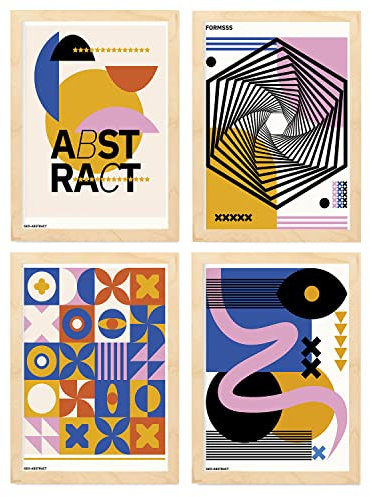 Nacnic Poster-Set mit 4 abstrakten Kubismus-Formen, ästhetische Kunstausstellung, farbige Illustrationen für die Gestaltung und Dekoration von Innenräumen, A4, mit holzfarbenem Rahmen.