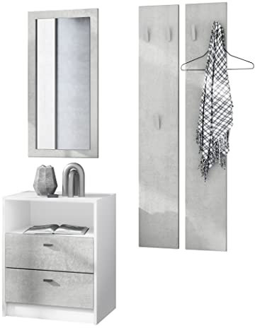 Vladon Garderobe Pino V1, Made in Germany, Garderobenset bestehend aus 1 Kommode, 1 Wandspiegel und 2 Garderobenpaneele, Weiß matt/Beton Oxid Optik (ca. 130 x 185 x 36 cm)