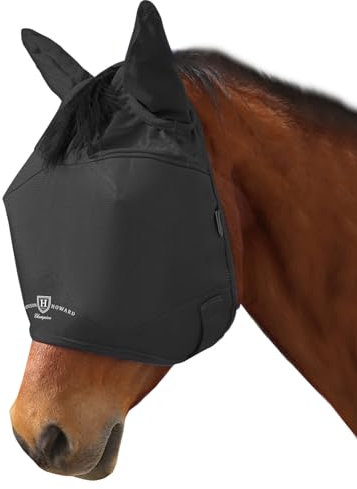 Harrison Howard UV-beständige Multifunktionsgewebe Dicke Fleece Polsterung Pferd Fliegenmaske Halbgesicht mit Ohren schwarz Warmblut Extra Large