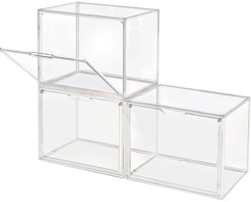 Clear Stackable Plastic Storage Bins with Magnetic Attraction Lid, Dustproof Book & Cosmetic Display Cases, Large Figures Collectibles Showcase, Shoe Box, Handbag, Hat (3Pack)