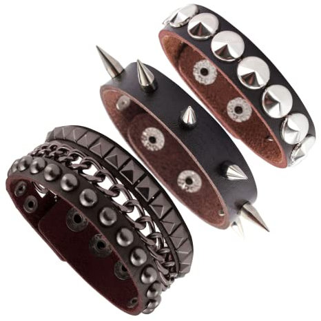 MILAKOO 3 Stück lederarmband herren breit nieten armband manschettenarmband roker armband set braun