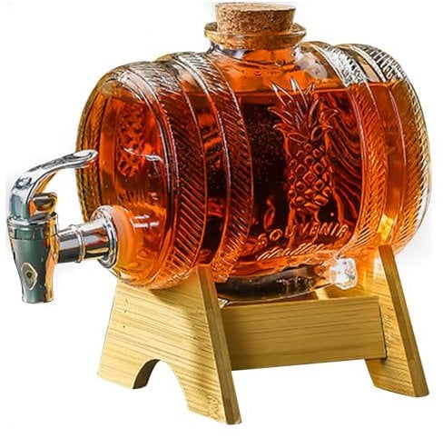 aleawol Glass Barrel Dispenser with Tap, 1L Glass Drink Dispenser Glass Whiskey Barrel Drink Dispenser with Wooden Stand Glass Wine Barrel for Bourbon Vodka Tequila Wine