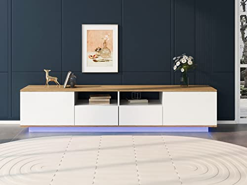 BTM Meuble TV LED Moderne, Banc TV Industriel, pour Télévisions 80 Pouces, Salon, Salle à Manger, Chambre, Blanc et Marron,180x40x50 cm