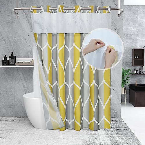 Yiatn Duschvorhang ohne Haken, Hotel-Stil mit durchsichtigem Netzfenster, modernes geometrisches Wassertropfen-Design, wasserdicht und waschbar, 180 x 188 cm, Grau / Gelb