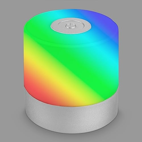 BRILONER - Mini LED Tischlampe kabellos mit Touch buntes RGB+w Licht, Nachttischlampe, Leselampe, LED lampe, Campinglampe, Tischleuchte, Akku Lampe, Touchlampe, 7x7 cm, Chrom-Matt