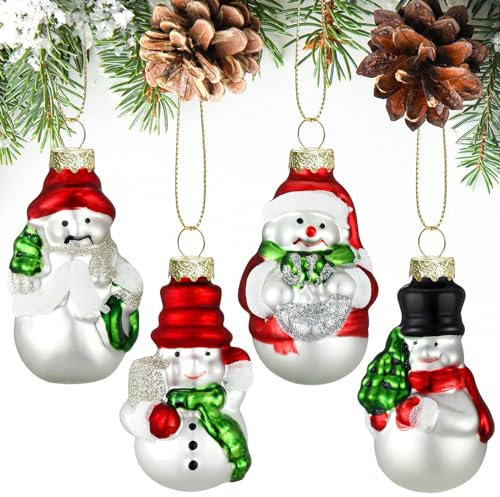 Shappy 4 Pcs Snowman Christmas Tree Ornament 4 Styles Glass Blown Mini Vintage Christmas Hanging Ornaments Winter Decorations for Xmas Party Decorations Gift