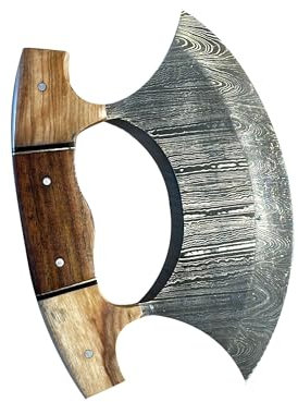 Damascus Chef Kitchen Ulu Knife Chef Knife Heavy Duty Damascus Handle Koa Wood with Leather Sheath (Brown)