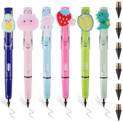 RNHDLY Ewiger Bleistift Set - 6 Stück Tintenlose Stifte Mit Radiergummi und 6 Ersatzköpfen - Für Kinder Geeignet