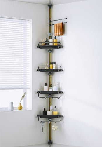 WSBArt Upgrade Stabiler Dusch-Caddy mit Spannstange, Schwarz und Gold, Eck-Dusch-Caddy 18/8 Edelstahl, rostfrei, 4 Etagen, verstellbare Ablagen für Badewanne, Shampoo, Zubehör, Aufbewahrungsregal,